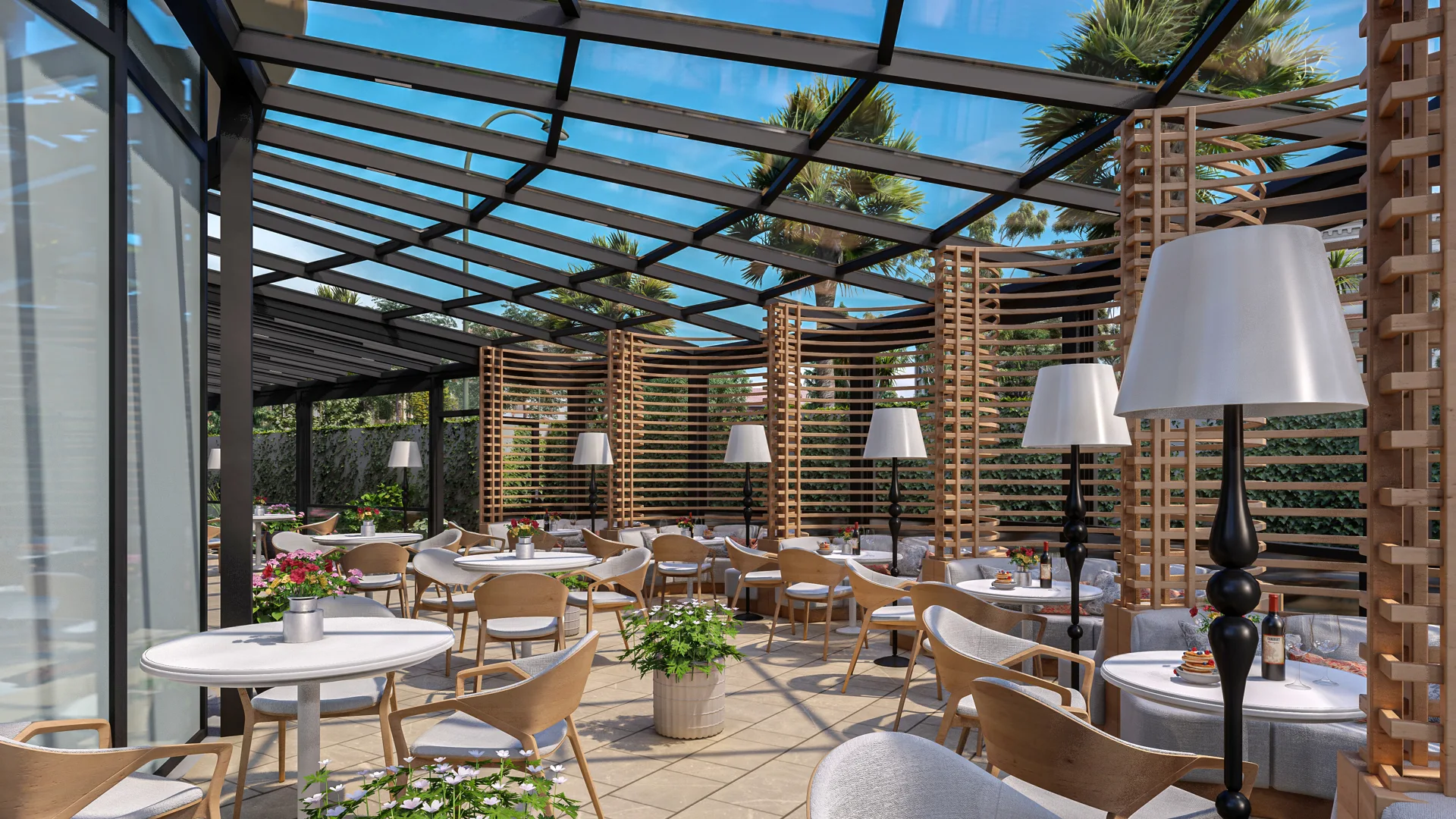 Sunlight through a pergola over an outdoor dining space